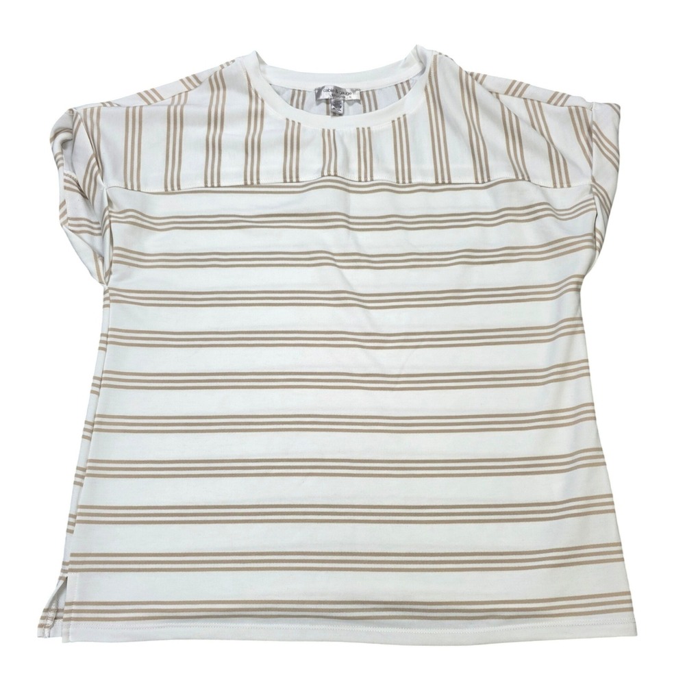 Cable & Gauge Studio Short Sleeve Top Women's Size M White Tan Striped Crew Neck